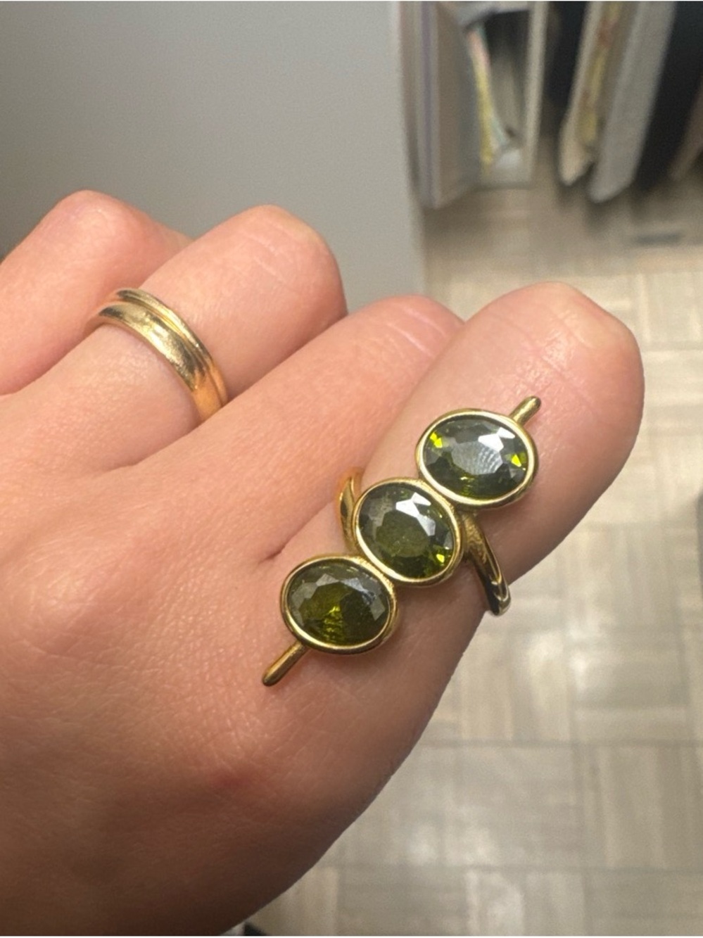 Gold-Tone Women's Ring with Olive Green Gemstones